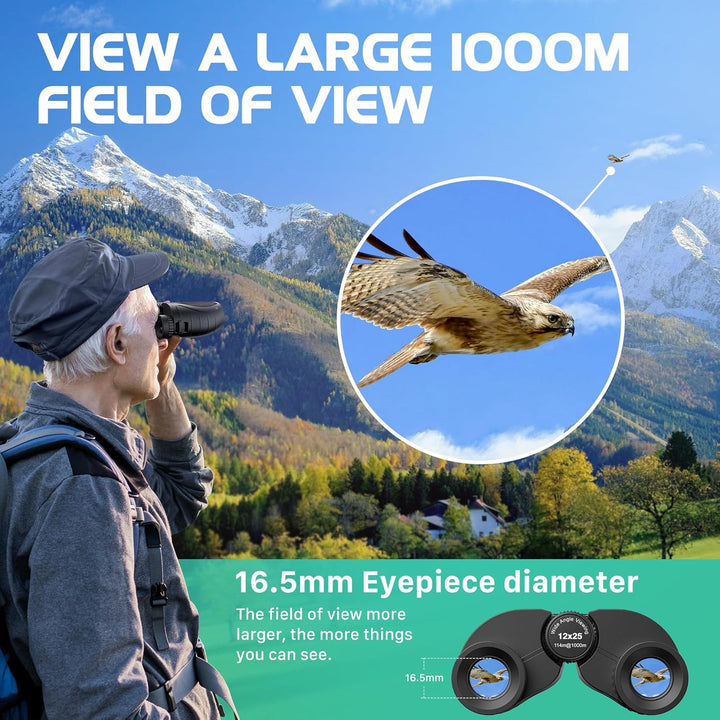 Kylietech Kompakt Fernglas 12x25, Leichtes Ferngläser für Erwachsene und Kinder, FMC Multi-Coated Op