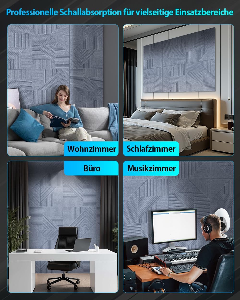 6 Stück Akustikpaneele selbstklebend 60 x 60 x 1,2 cm, Akustikplatten aus Polyester zur Schalldämmun