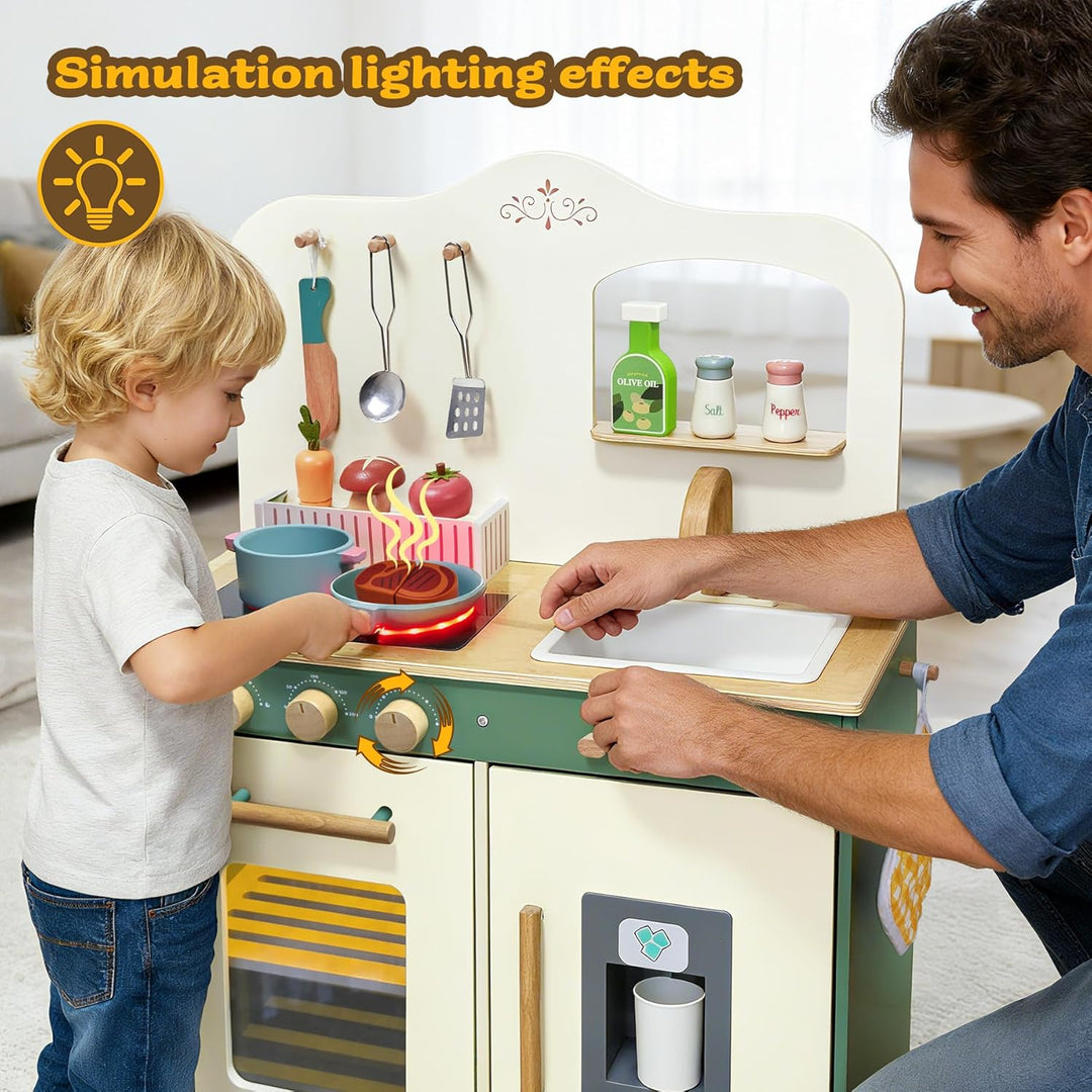 TOYWOO Kinderküche Holz mit Licht & Sound, Spielküche für Kinder ab 3 Jahren mit Schneidelebensmitte