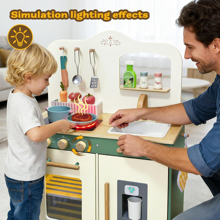 TOYWOO Kinderküche Holz mit Licht & Sound, Spielküche für Kinder ab 3 Jahren mit Schneidelebensmitte