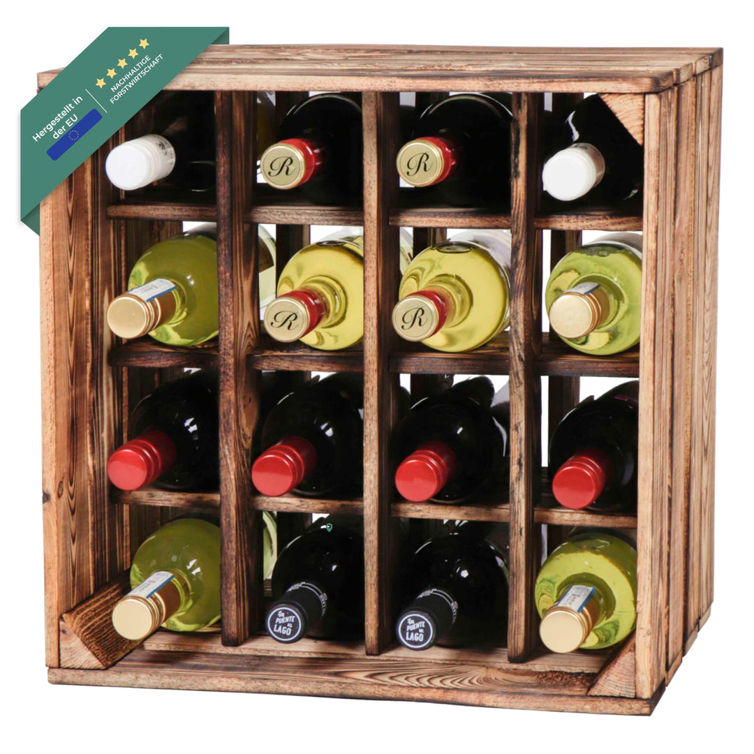 LAUBLUST Grosses Vintage Weinregal - ca. 40 x 40 x 29 cm, Holz Geflammt - Flaschenregal 16 Fächer |