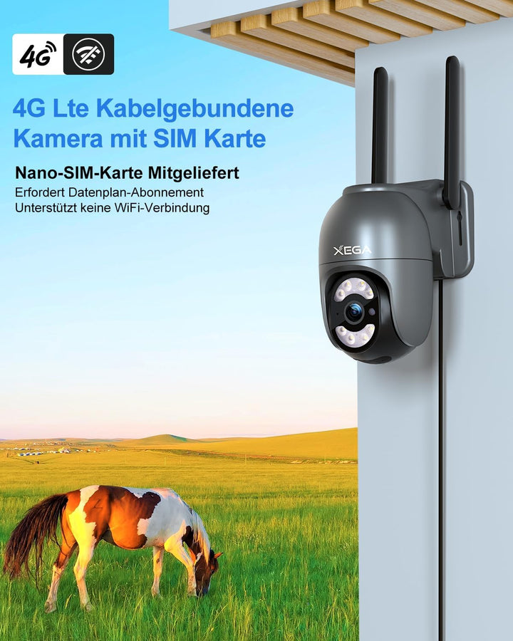 Xega 4G LTE Überwachungskamera mit SIM Karte【Kabelgebunden】 24/7 Kontinuierliche Aufzeichnung, 2K Au