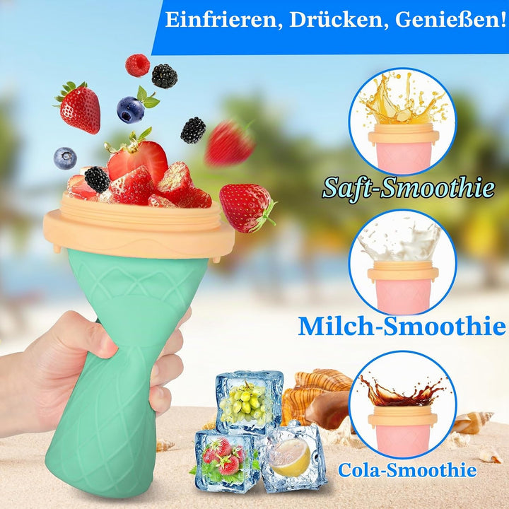 2er Set DIY Slush Becher, Silikon Squeeze Cup mit 2-in-1 Strohhalm und Löffel, Slush Eis Becher zum