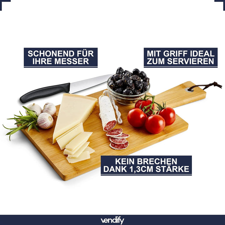 vendify® Schneidebrett Bambus 3er-Set & 6x Steakmesser - Frühstücksbrettchen 3 Grössen - Antibakteri