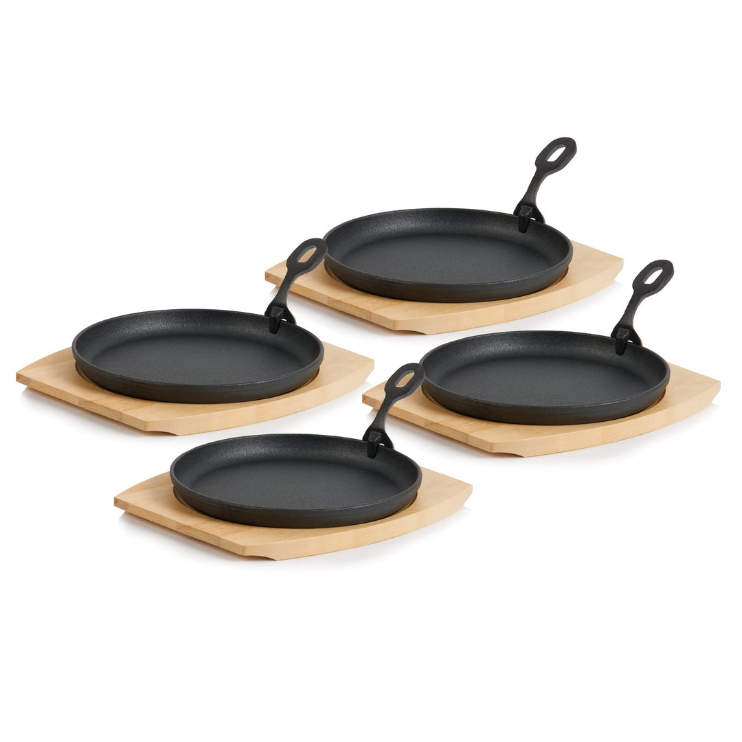 BBQ-Toro Gusseisen Servierpfännchen mit Holzunterlage (4 Stück) | Ø 22 cm - rund | bereits eingebran