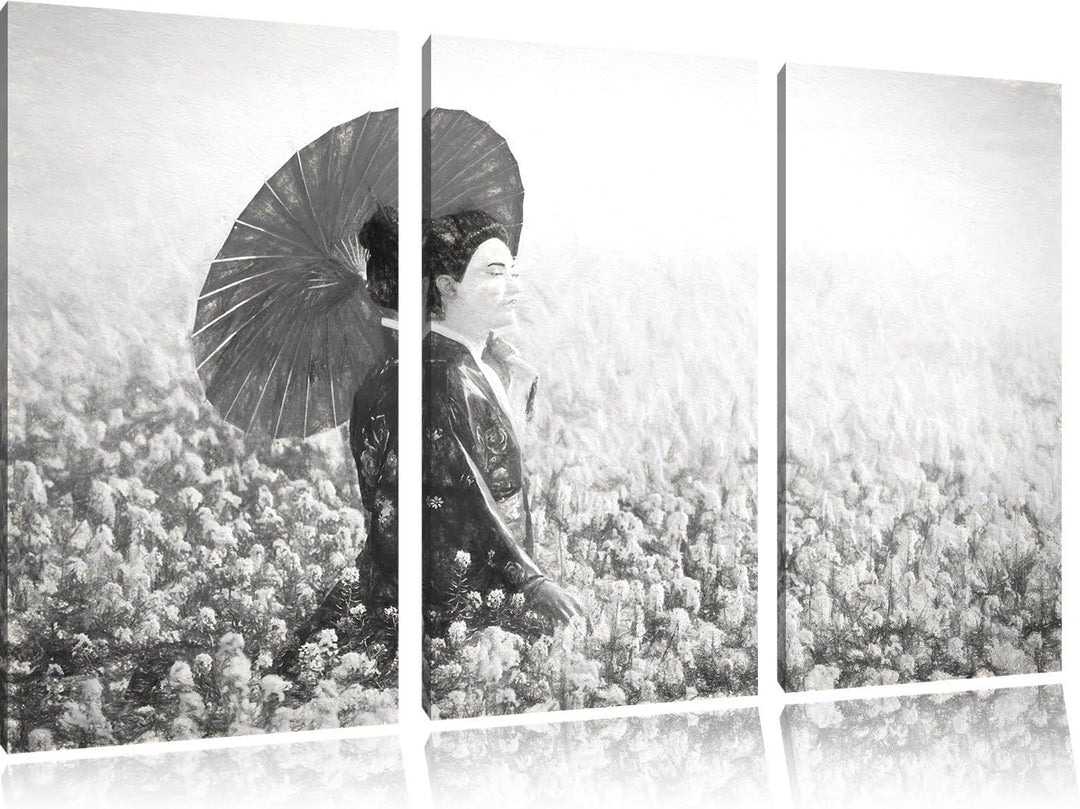 Pixxprint Geisha auf dem Feld Kunst Kohle Effekt 3-Teiler Leinwandbild 120x80 Bild auf Leinwand