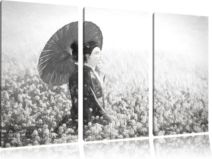Pixxprint Geisha auf dem Feld Kunst Kohle Effekt 3-Teiler Leinwandbild 120x80 Bild auf Leinwand