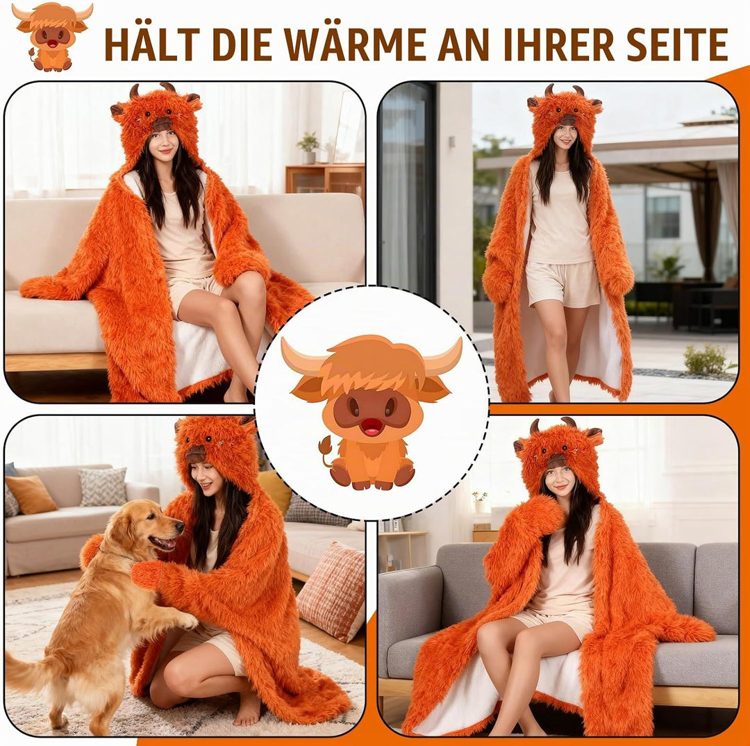 Kuscheldecke mit Ärmeln, Highland Cow Tragbare Decke Flauschig Kuscheldecke Geschenk für Frauen Brau