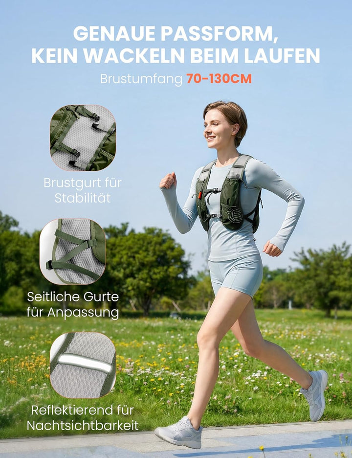 SKYSPER Laufweste für Damen Herren 12L Laufrucksack mit 500ml Trinkflasche Reflektierende Trinkweste