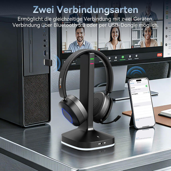 Wantek Bluetooth Headset mit Mikrofon &amp; USB Dongle, Akku 45h+, Wireless Headset PC mit Noise Cancell