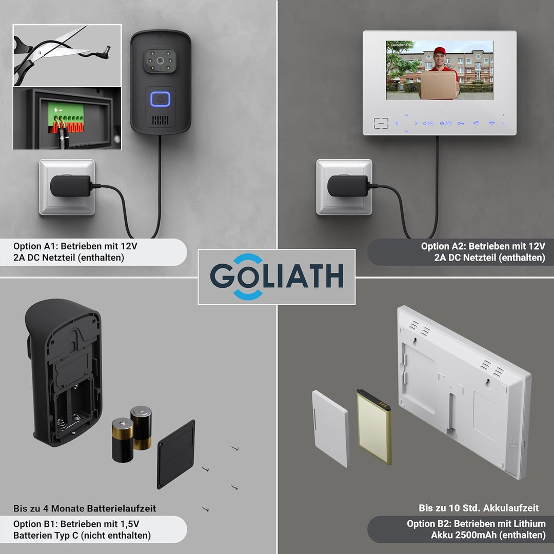 Goliath Funk Klingel Kabellos mit Kamera und 7" Monitor, Gegensprechanlage mit Türöffner Anschlussfu