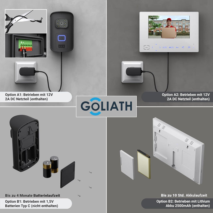 Goliath Funk Klingel Kabellos mit Kamera und 7" Monitor, Gegensprechanlage mit Türöffner Anschlussfu