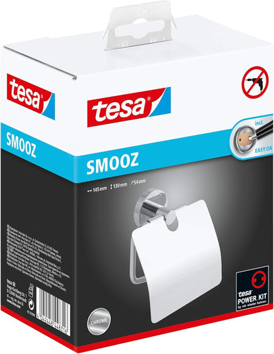 tesa SMOOZ Toilettenpapierhalter mit Deckel, verchromt - WC-Rollenhalter zur Wandbefestigung ohne Bo