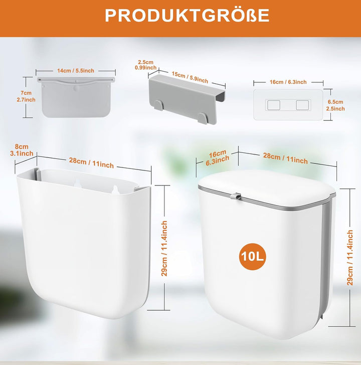 Küchenmülleimer mit Deckel, 10L Mülleimer Hängend für Küche, Faltbare Mülleimer mit Deckel, Kompostb