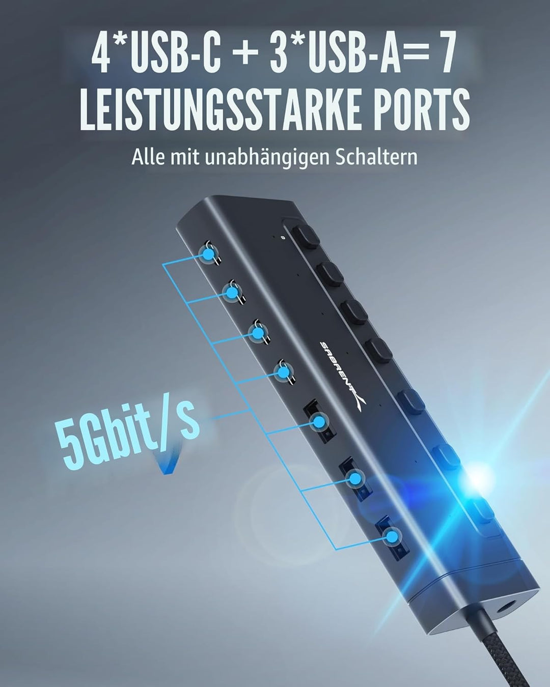SABRENT USB C Hub 7 Port 48 W mit Schaltern (HB-3A4C) 7 Port 20w Typ C+A, 7 Port 20w Typ C+A