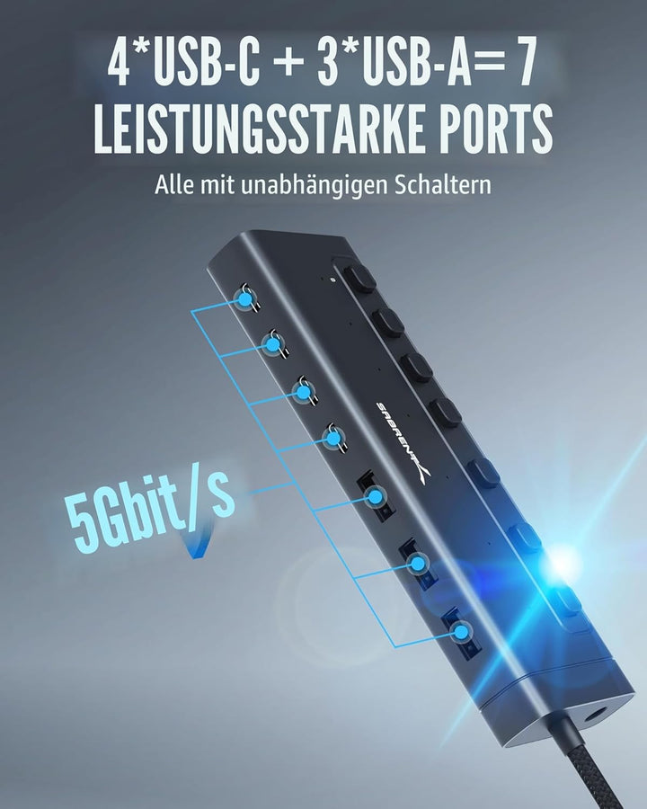 SABRENT USB C Hub 7 Port 48 W mit Schaltern (HB-3A4C) 7 Port 20w Typ C+A, 7 Port 20w Typ C+A