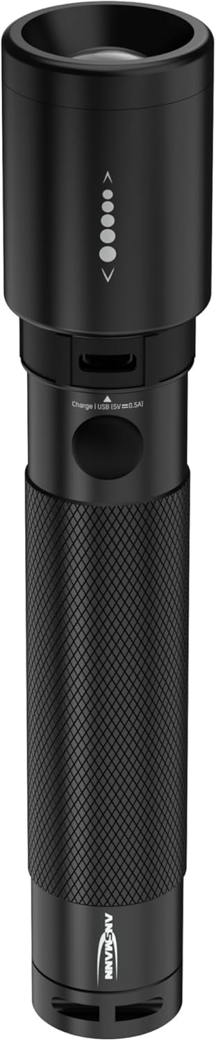 ANSMANN LED Taschenlampe in schwarz T400FR / wiederaufladbare Outdoor Leuchte mit stufenloser Fokuss