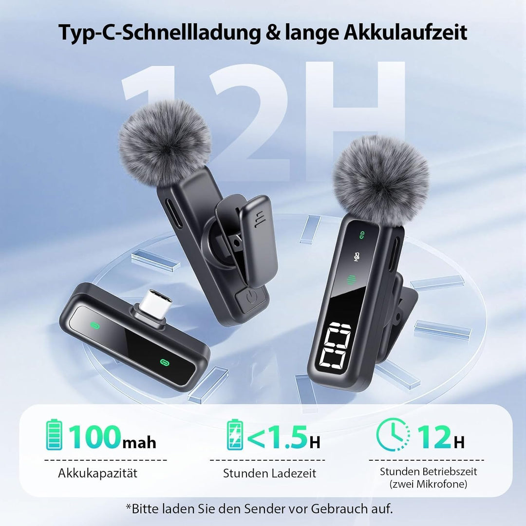 Kabelloses Lavalier-Mikrofon mit LED-Anzeige, Lavalier-Mikrofone Clip-on-Mikrofon mit Rauschunterdrü