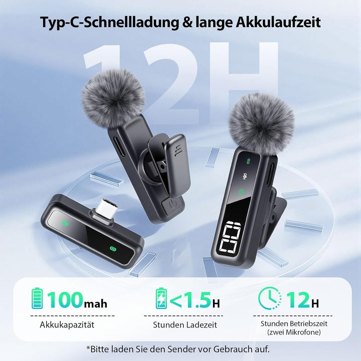 Kabelloses Lavalier-Mikrofon mit LED-Anzeige, Lavalier-Mikrofone Clip-on-Mikrofon mit Rauschunterdrü
