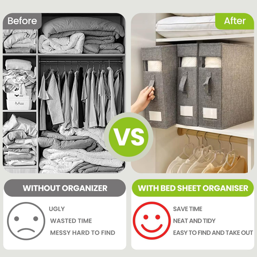 3 Stück Aufbewahrung Bettwäsche Organizer, Linen Bed Sheet Organiser Box, Faltbarer Aufbewahrungstas