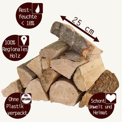 Flameup Brennholz Gemischt Kaminholz 30 kg Buche Eiche Birke Kiefer Fichte Holz Für Ofen und Kamin K