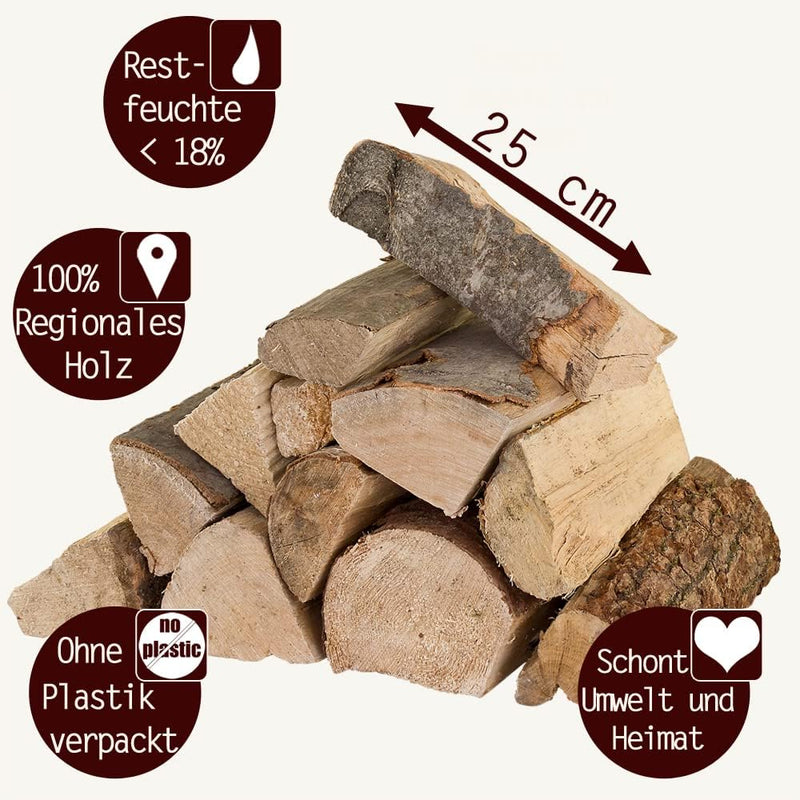 Flameup Brennholz Gemischt Kaminholz 25 kg Buche Eiche Birke Kiefer Fichte Holz Für Ofen und Kamin K