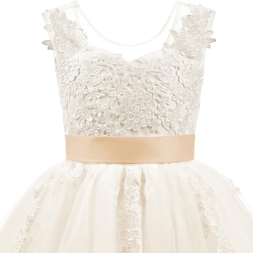 PLWEDDING Spitze V zurück Tüll Blumenmädchen Kleid Junior Mädchen Brautjungfer Hochzeit Partykleider