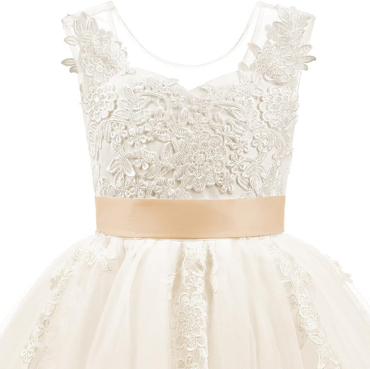 PLWEDDING Spitze V zurück Tüll Blumenmädchen Kleid Junior Mädchen Brautjungfer Hochzeit Partykleider
