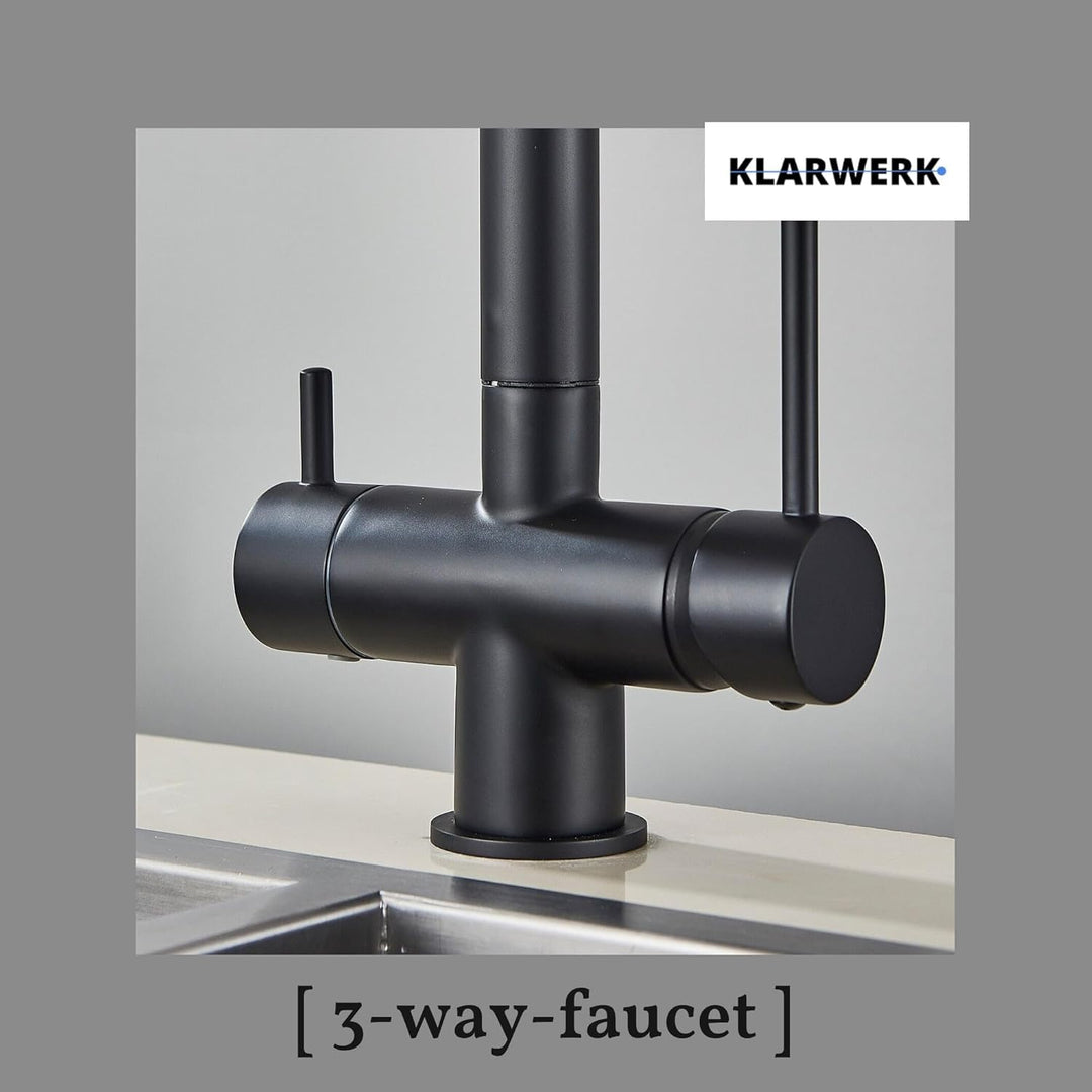 Felix | 3 Wege Premium Schwarz matt ausziehbare Armatur | Edelstahl Osmose Wasserhahn Küche |Mischba