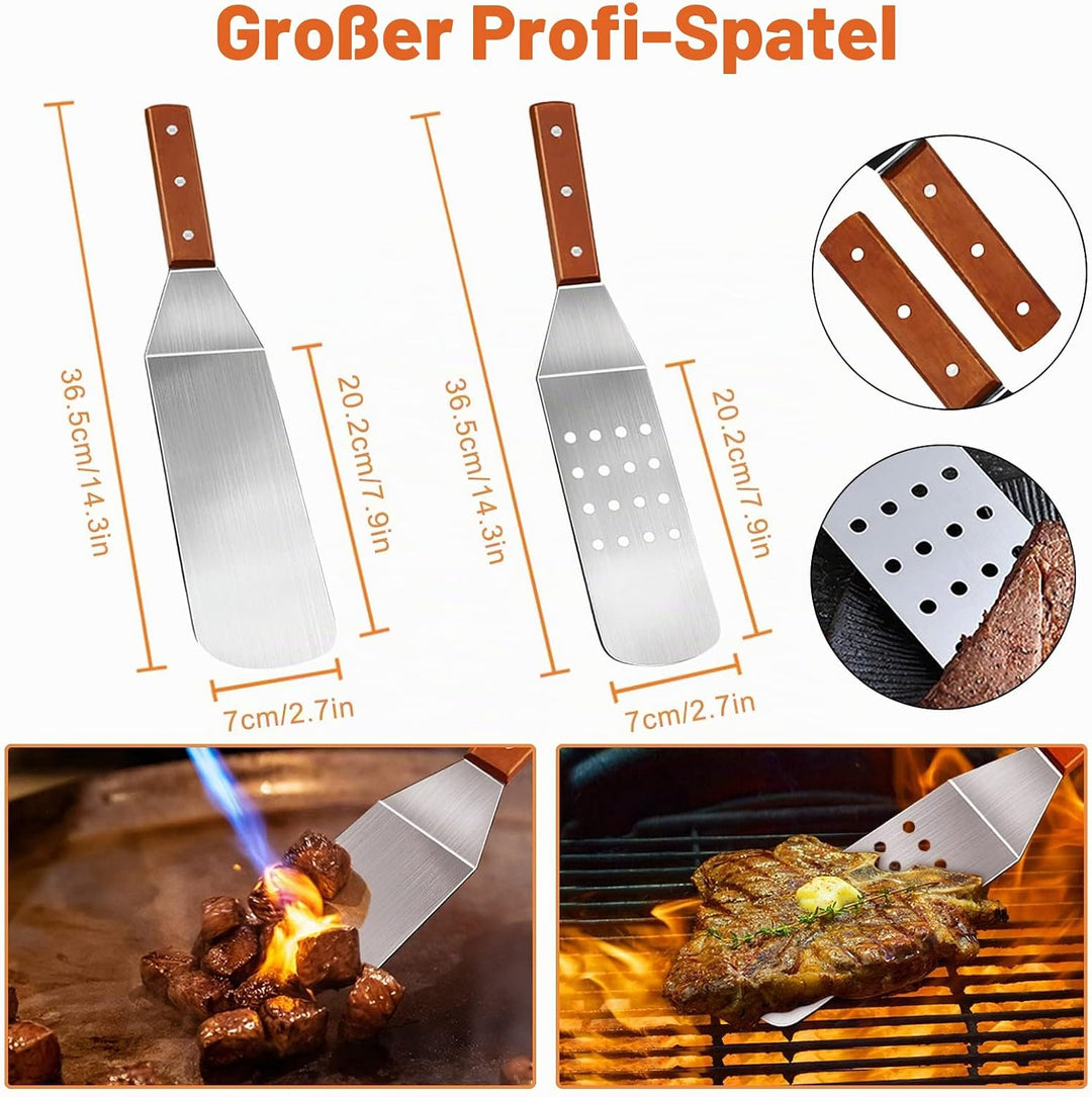 MAIKEHIGH Grillspachtel Plancha Kit Edelstahl Grillbesteck - 9 Stück Schwerer Edelstahl Pfannenwende