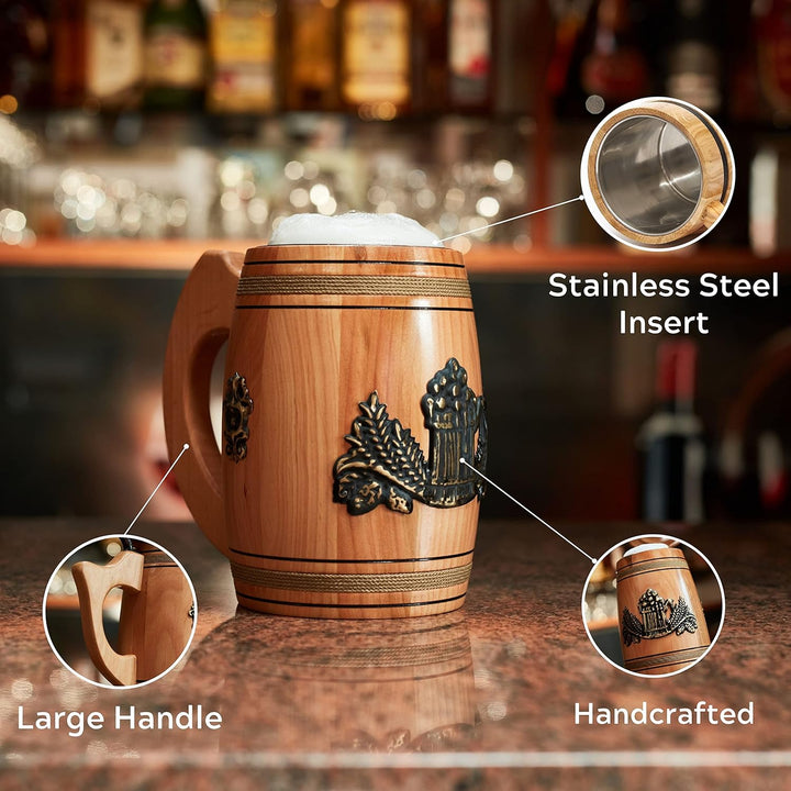 Bierkrug aus Holz, handgefertigt, echte Eiche, 0,5 l, Fassungsvermögen, hellbraun, mittelalterliches