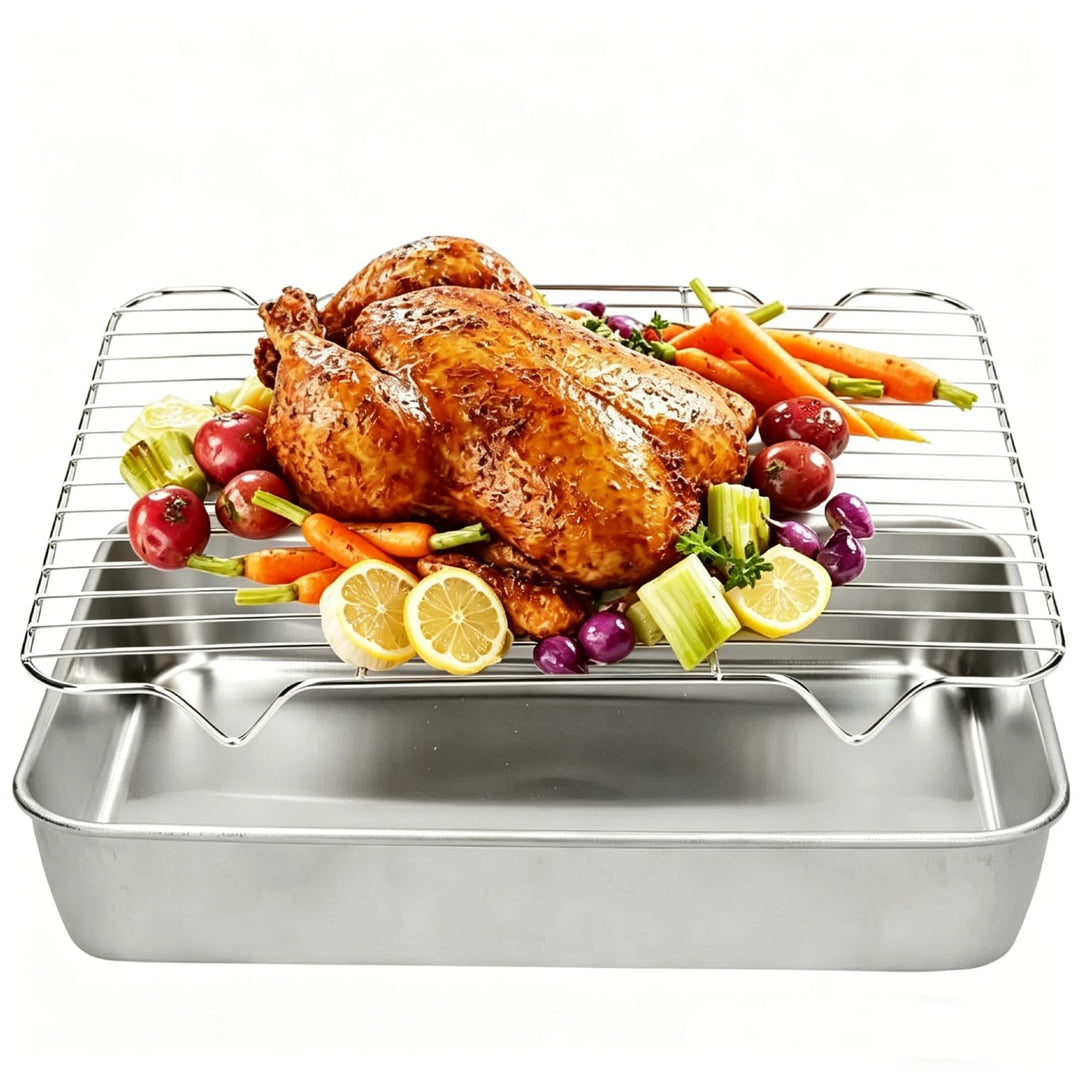 Edelstahl Rechteckig Bratblech, Antihaft Grillschale Bräter mit Gitterrost für Backen, Grillen und B