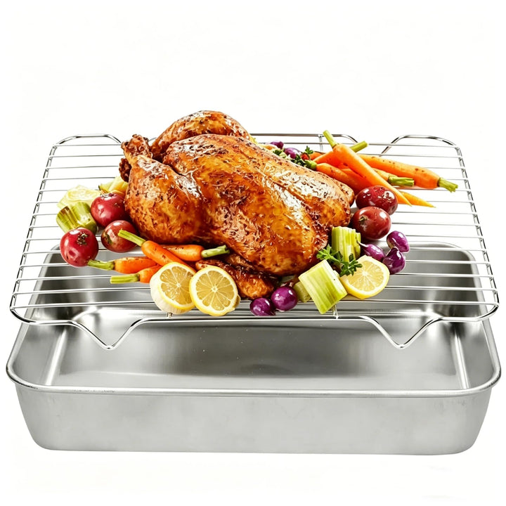 Edelstahl Rechteckig Bratblech, Antihaft Grillschale Bräter mit Gitterrost für Backen, Grillen und B