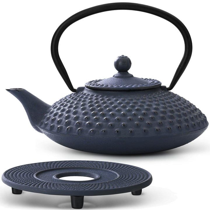 grosse blaue Asia Teekanne Gusseisen Set 1.25 Liter Teekessel mit Henkel & Edelstahl Tee-Filter-Sieb