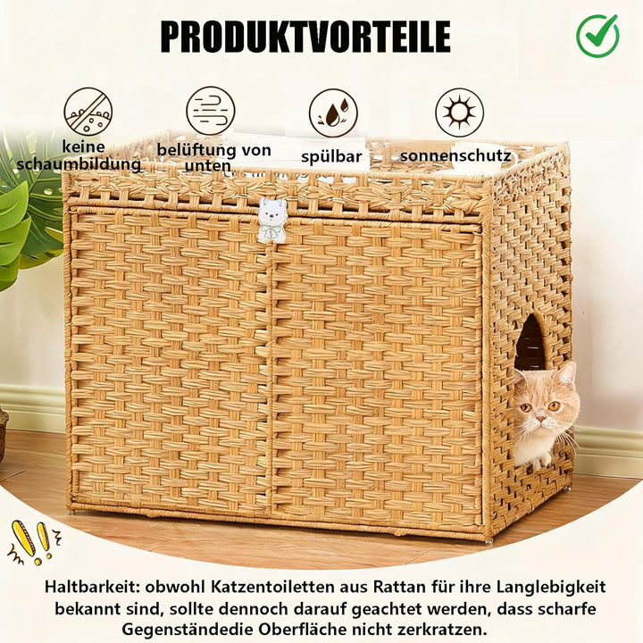 Katzenhaus Katzenschrank für Katzentoilette Versteckte Katzenklo-Möbel, Handgeflochtenes Rattan-Katz