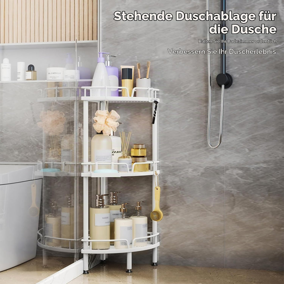 SWTYMIKI Duschablage ohne Bohren Ecke - 3 Stück Duschregal Stehend mit Seifenablage &amp; 4 Haken, Dusch