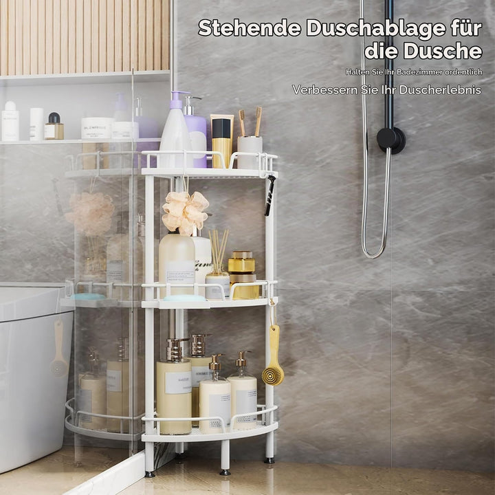 SWTYMIKI Duschablage ohne Bohren Ecke - 3 Stück Duschregal Stehend mit Seifenablage &amp; 4 Haken, Dusch