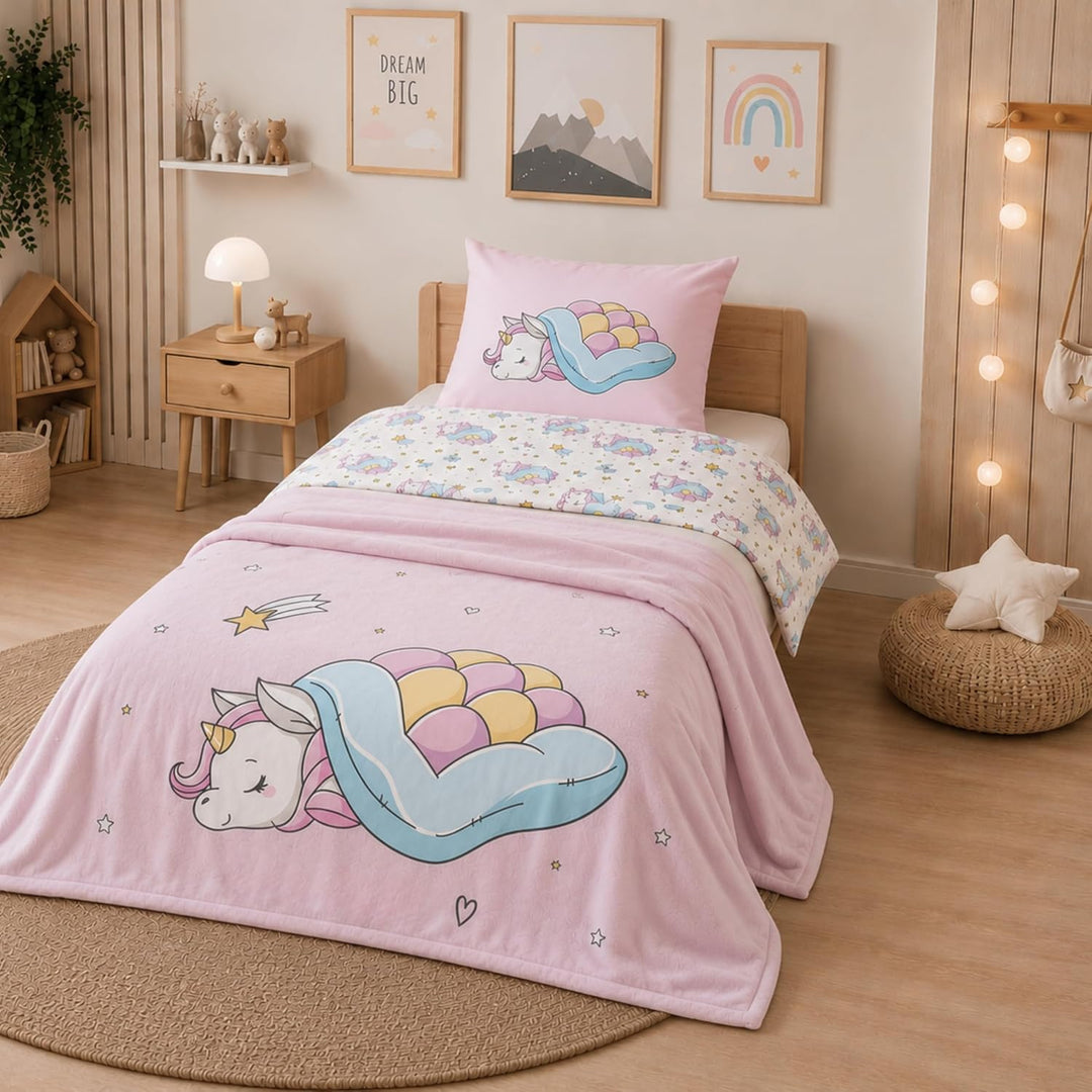 MTOnlinehandel Einhorn Decke 150x200 cm ☆ Fleece-Decke flauschig in rosa, Unicorn Kuscheldecke für K