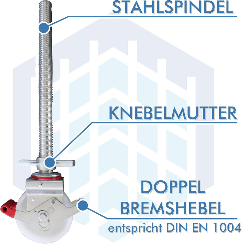 4 Stück Gerüstrollen 150 mm Nylon LAYHER*-kompatibel mit Stahlspindel, doppelt gebremst, lotrecht st