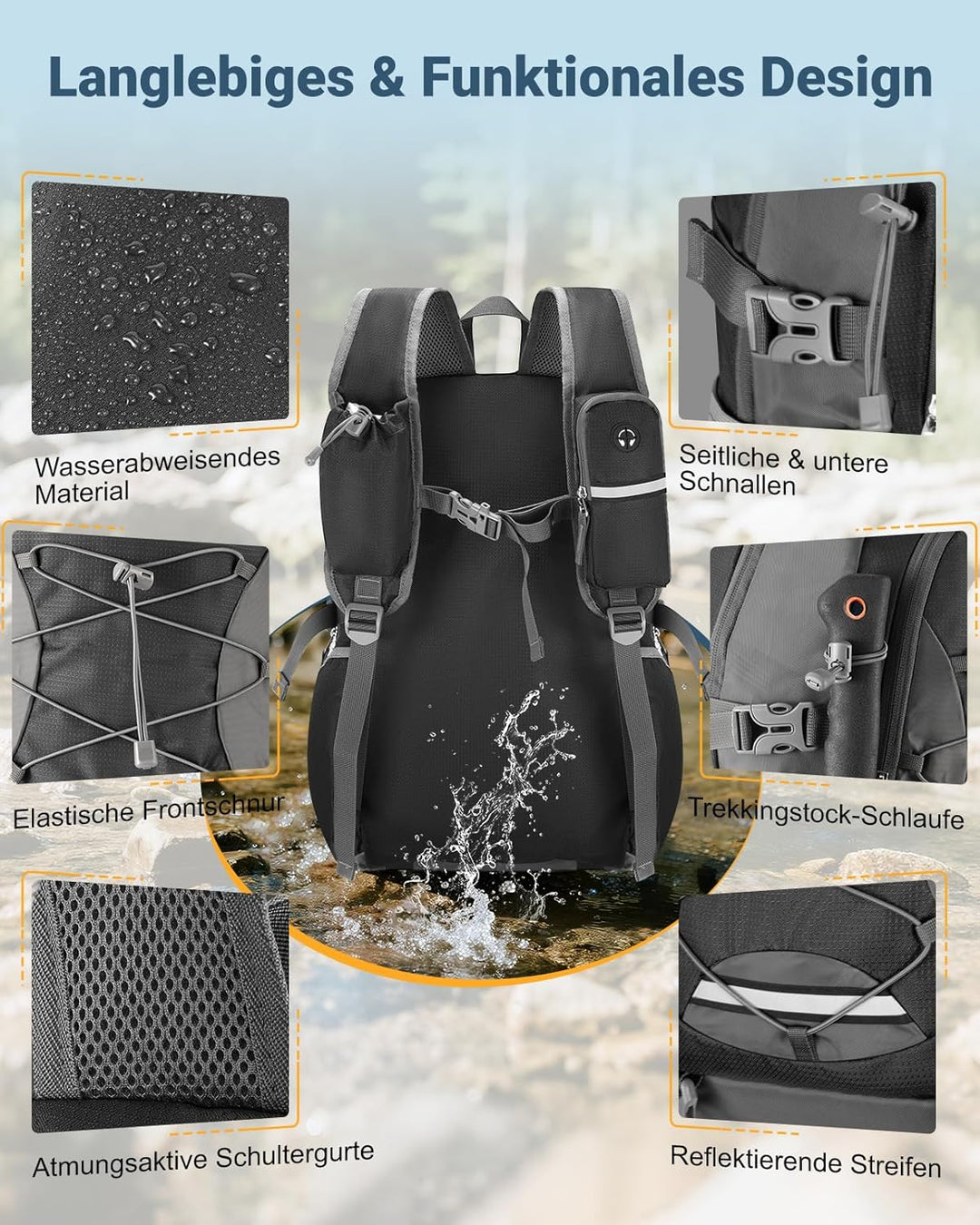 32L Ultraleicht Faltbarer Rucksack: Damen & Herren Leichter Wanderrucksack Faltrucksack Reiserucksac