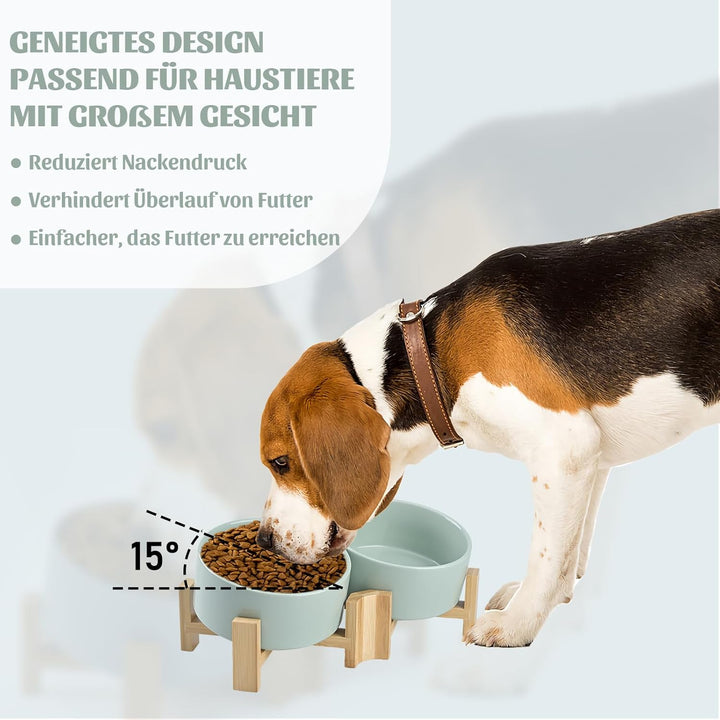 SPUNKYJUNKY 15° Kippbare Keramik Hundenapf mit Holzständer Futter und Wassernapf rutschfest für Hund