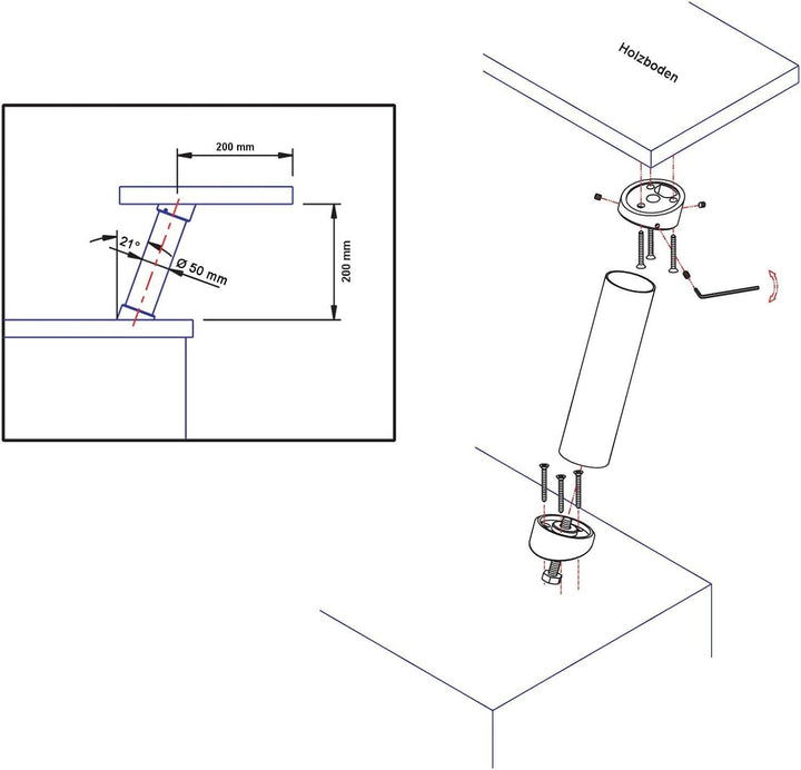 2 Stück Barkonsolen schräg 21° Höhe 200 mm/Ø 50 mm Chrom poliert Thekenfuss Bar Konsole Tresenfuss v