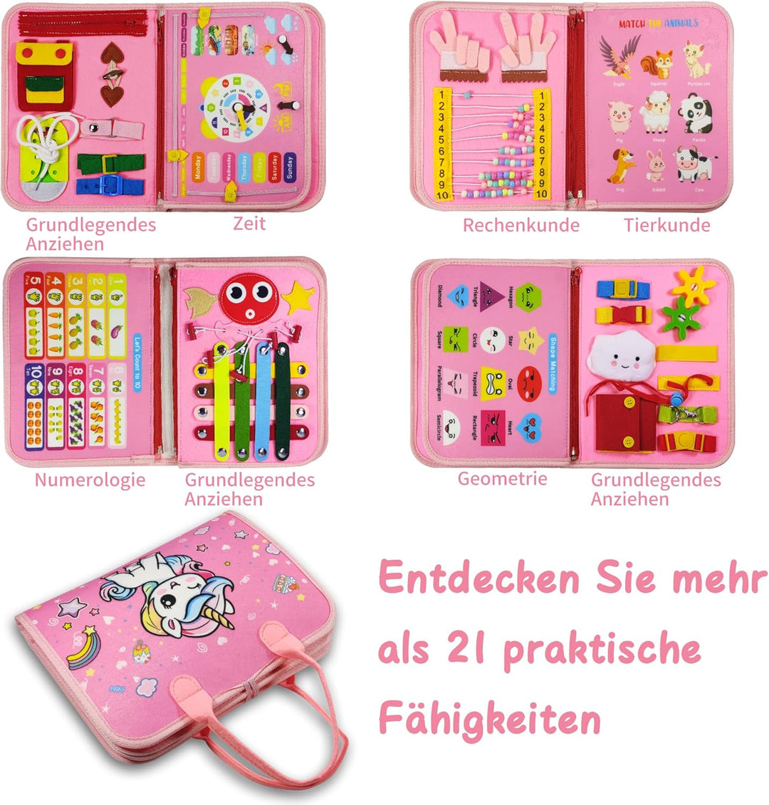 LearnToy Montessori Busy Board für Mädchen 3–5 Jahre – Einhorn Feinmotorik‑Spielzeug mit Auto/Flugze