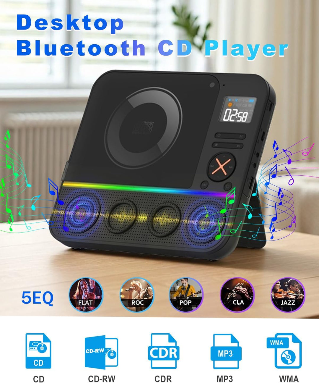 Tragbarer CD Player Bluetooth, Boombox Desktop CD-Player mit Bluetooth FM-Radio und RGB LED-Anzeige