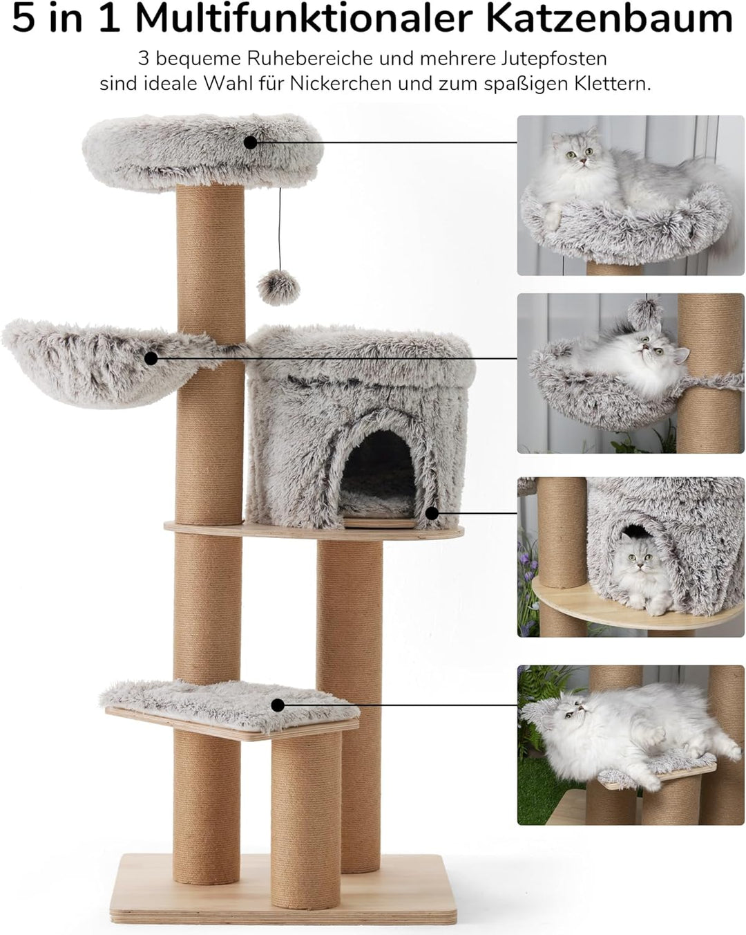 FUKUMARU Kratzbaum für Katzen,155cm Katzenbaum mit sechs 20 cm dicken Kratzsäulen aus Jute, Plüsch-M