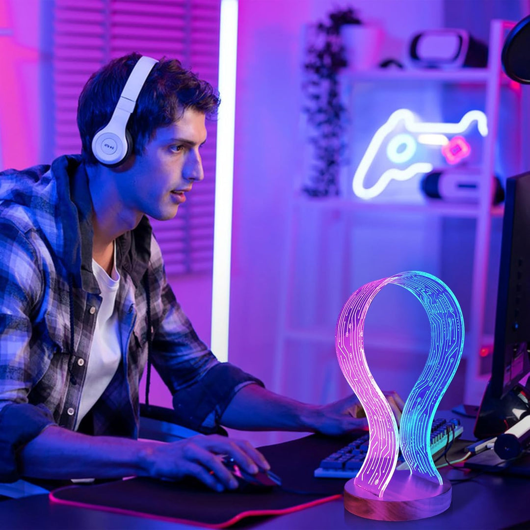 Ammonite Kopfhörerständer - Walnussholz Gaming Schreibtisch Accessoire mit LED-Leuchten, USB-Strom &