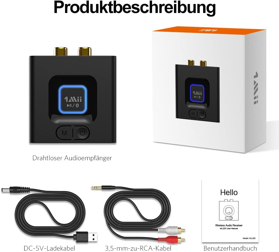 ML201 Adapter für Stereoanlage, Bluetooth 5.0 Empfänger mit 3.5mm AUX Cinch, drahtloser Audio Receiv