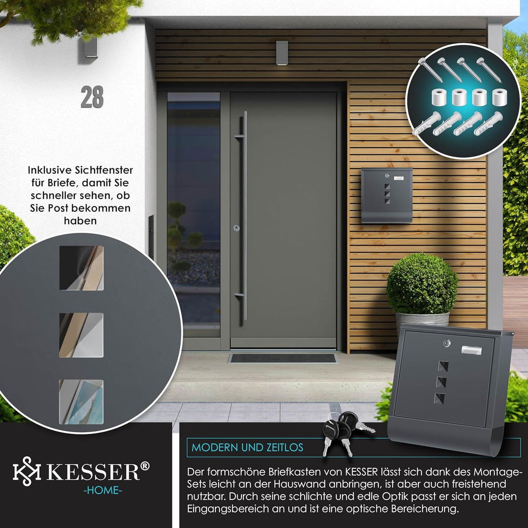 KESSER® Briefkasten Edelstahl mit Zeitungsfach Namensschild, Sichtfenster, gebürstet, 3X Schlüssel a
