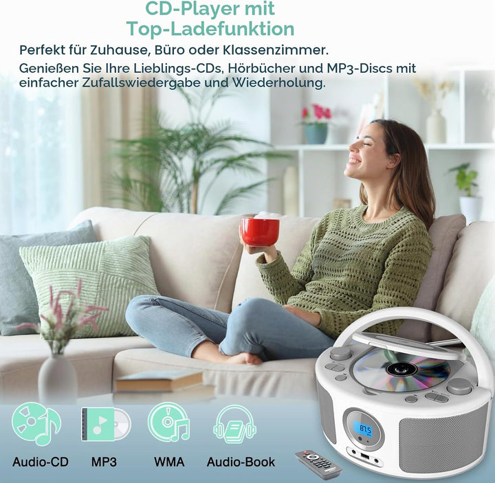 WISCENT Tragbares CD Radio (CD-Player, Boomboxen, UKW Radio, USB, Kopfhöreranschluss, AUX-In),CD Spi