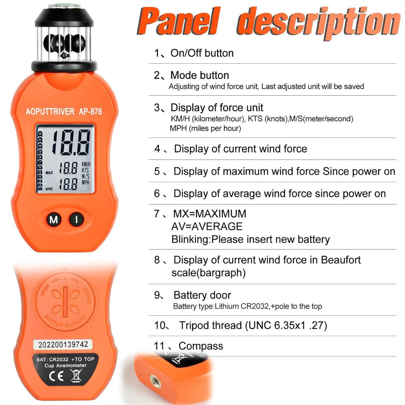 AOPUTTRIVER Windmesser AP-876 Anemometer Handheld Pocket Anemometer Air Speed Meter für die Messung